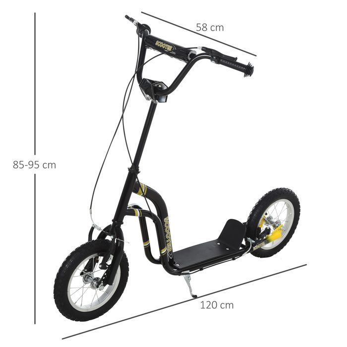 Patinete infantil - HOMCOM - Neumáticos de goma de 12 pulgadas, capacidad de carga de 100 kg, todoterreno, frenos dobles ajustables - negro