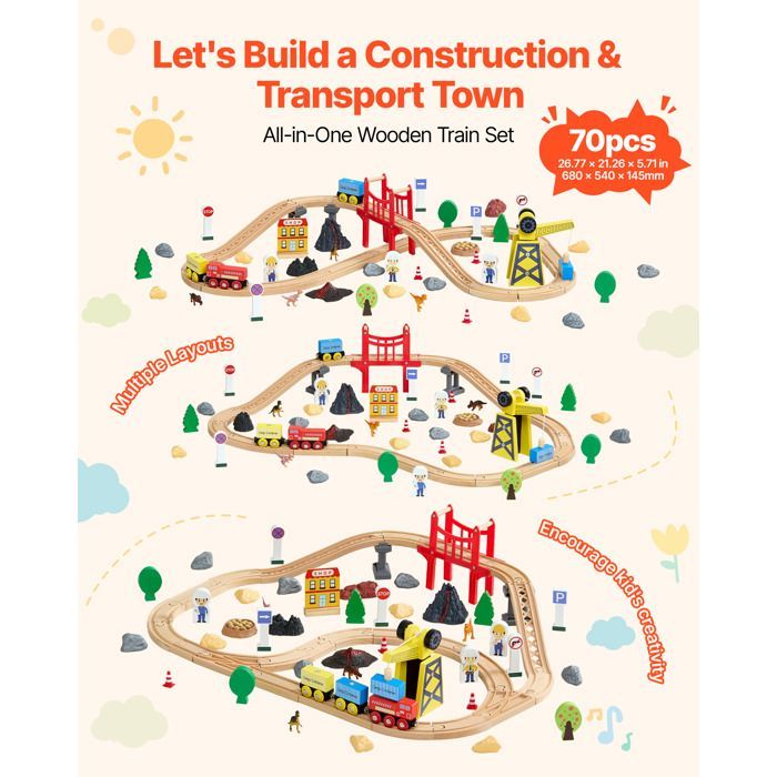 Tren de madera VEVOR para niños de 3 a 8 años - 70 piezas - Juguete para Navidad, cumpleaños, niños y niñas