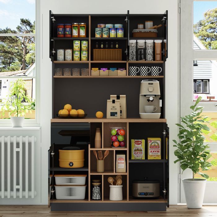 Maisentil opbergkast in hoogglans zwart, 105x45x185 cm, MDF, hoge kast met verstelbare planken en lade
