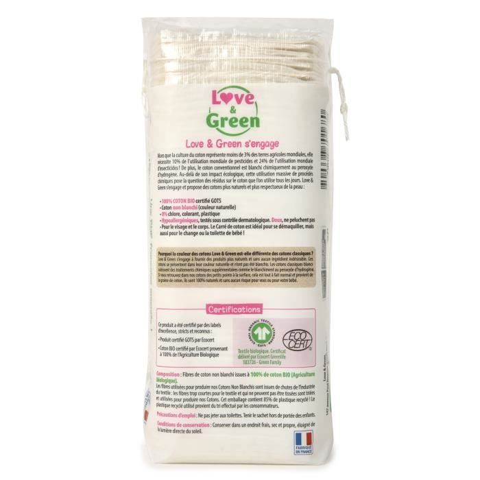 LOVE & GREEN Maxi dischetti di cotone ipoallergenici - 100% cotone biologico non sbiancato - 70 dischetti di cotone