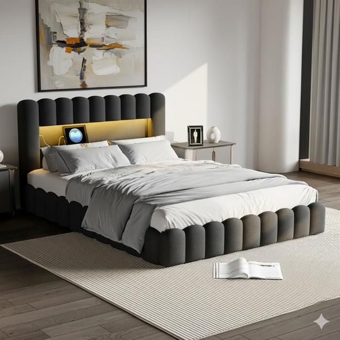 160x200cm Bed - 160x200cm Storage Bed and Slatted Base - RGB LED Headboard, USB/Type-C Ports - Mattress Not Included - Grey Linen Fabric