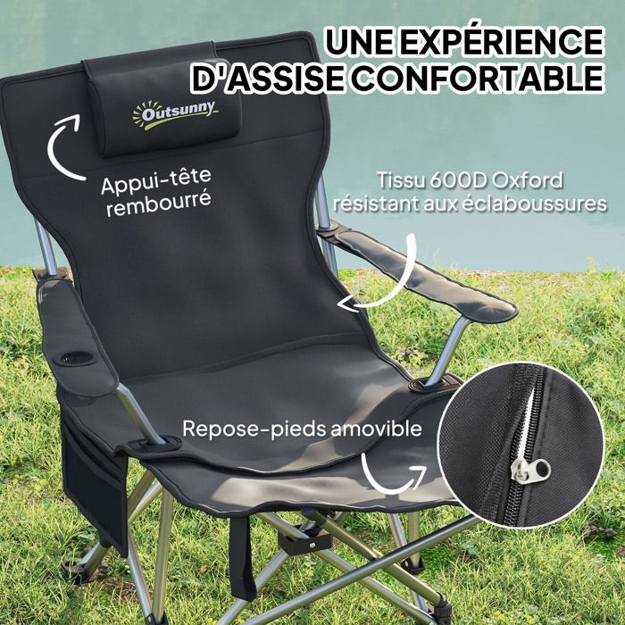 Chaise de camping - Outsunny - pliante - avec repose-pied amovible, appui-tête, porte-gobelet et sac de transport - noir