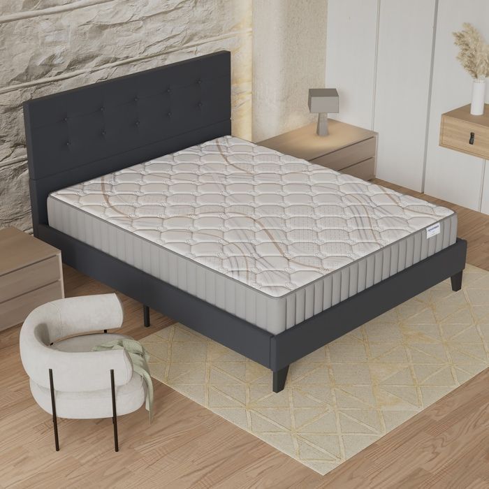 Colchón y cama (140x200cm) - Sirius 16cm Látex natural y espuma de alta densidad + Base de láminas estable y cabecero tapizado en negro