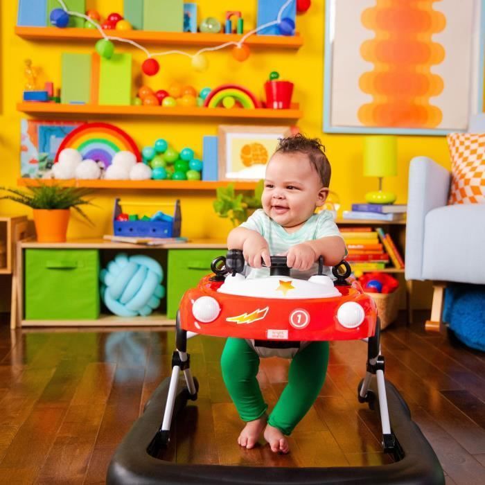 BRIGHT STARTS 3-in-1 Foldable Baby Walker, Small Car, 3 Developmental Play Modes, Red, Baby Gift