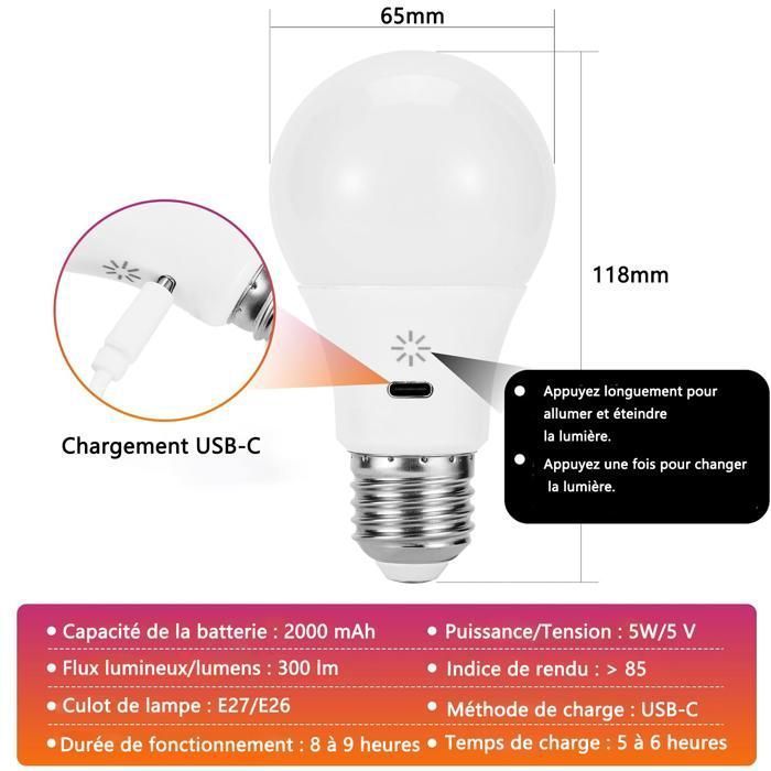 USB C Batterie Ampoule Rechargeable Avec Télécommande -E27 Ampoule Intelligente RGB -3 Températures de Couleur - 2000mAh -5W - 2Pcs
