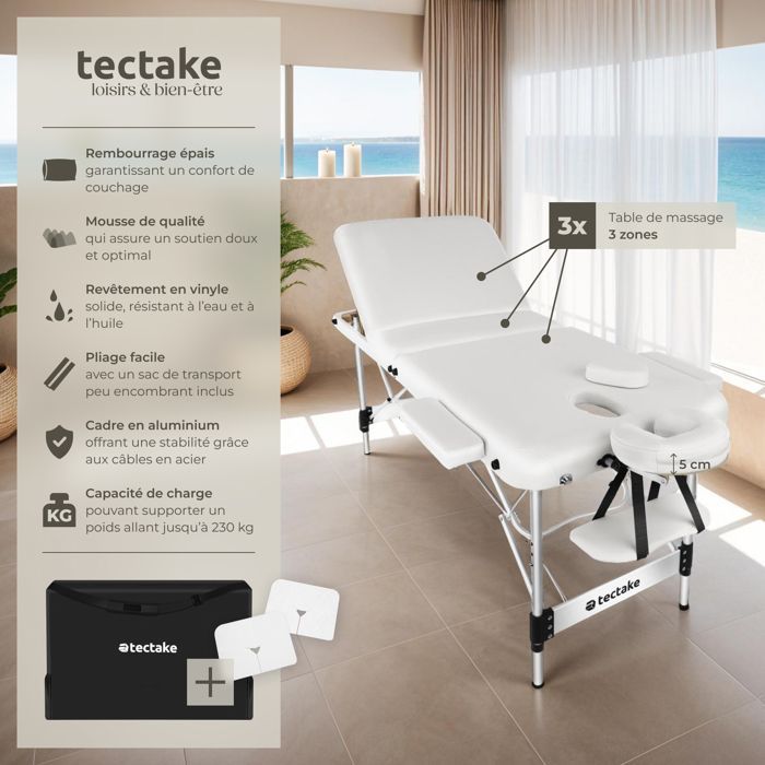 Camilla de masaje - TECTAKE - Camilla de tratamiento plegable con 3 secciones regulables en altura, 212 x 103 x 90 cm - Blanca