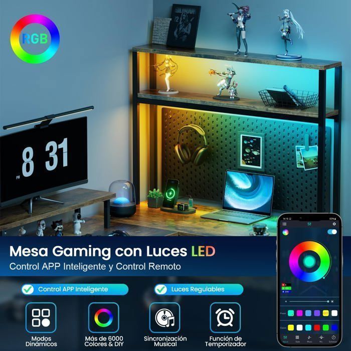 Scrivania HLONONE, 170 x 100 cm, scrivania da gaming a L con illuminazione a LED, tavolo per computer con presa di corrente e porta USB integrate, con cassetto, marrone