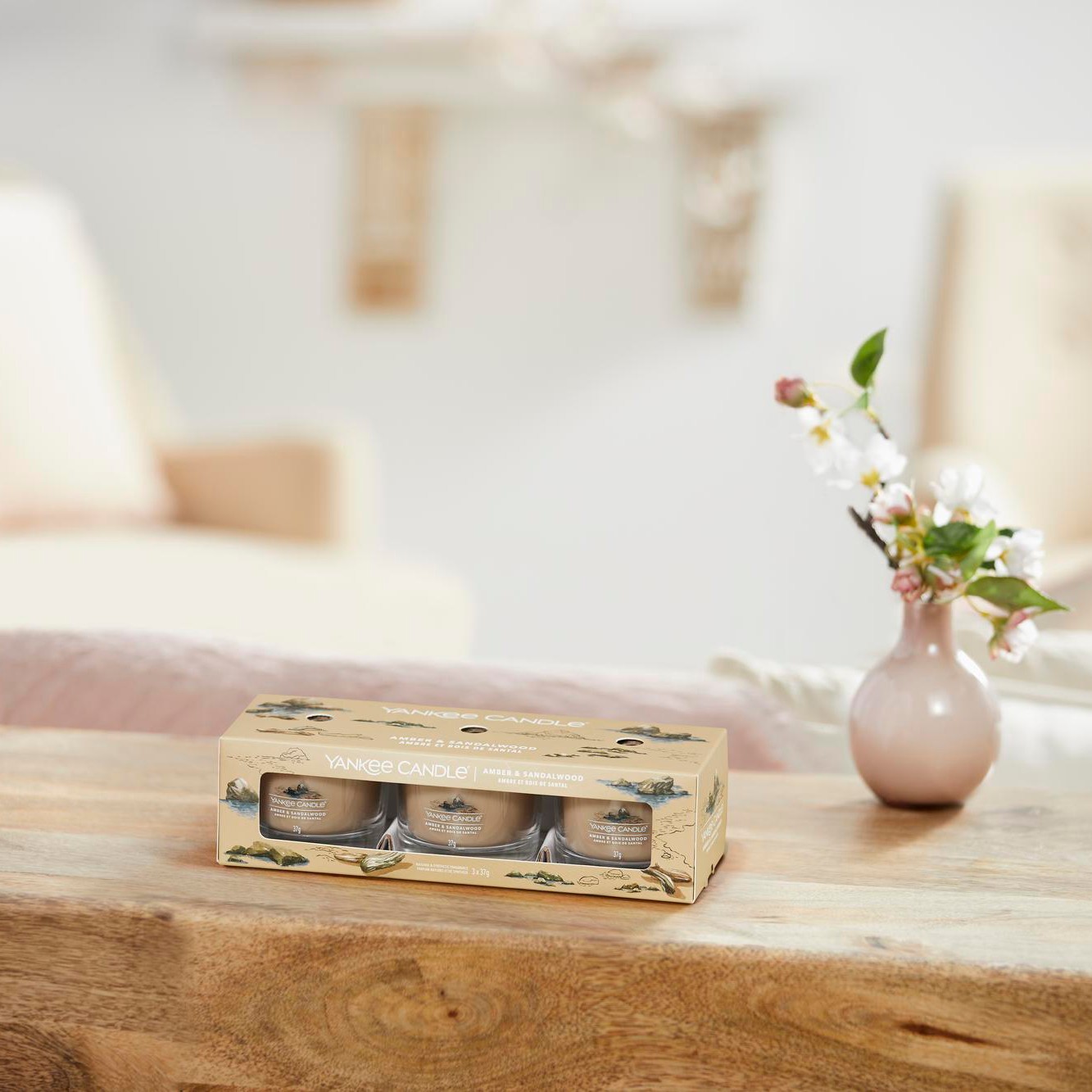 YANKEE CANDLE Coffret 3 Votives en Verre Ambre et Bois de Santal