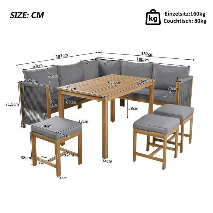 Salon de jardin pour 7-8 personnes - 2 canapés，3 tabourets et 1 table à manger - structure en Bois d'acacia - Gris