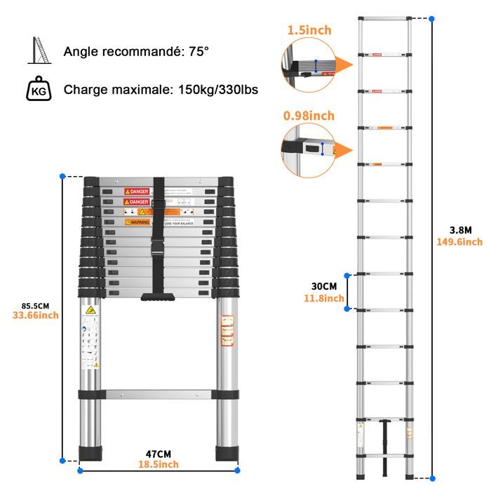 Multifunctional folding telescopic ladder, non-slip, suitable for family apartment office shed (3.8 m)