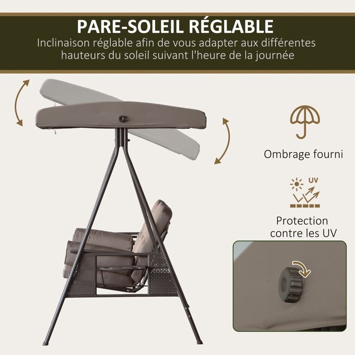 Tuinschommel - Outsunny - 3 zitplaatsen - Verstelbare kantelkap, kussens, uitschuifbare dienbladen - Gesponnen polyester, beige
