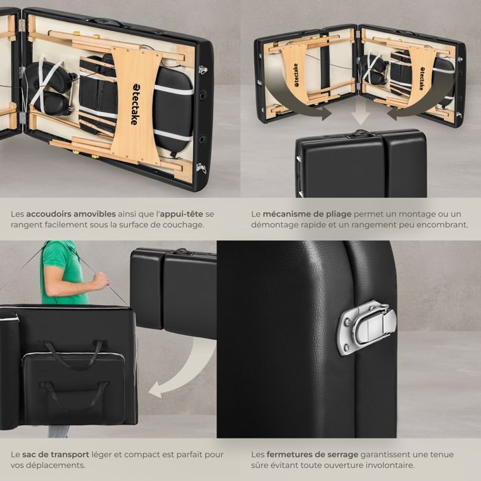 Camilla de masaje - TECTAKE - SOMWANG, camilla de tratamiento portátil de 3 secciones con bolsa de transporte, 218 x 102 x 90 cm - Negra