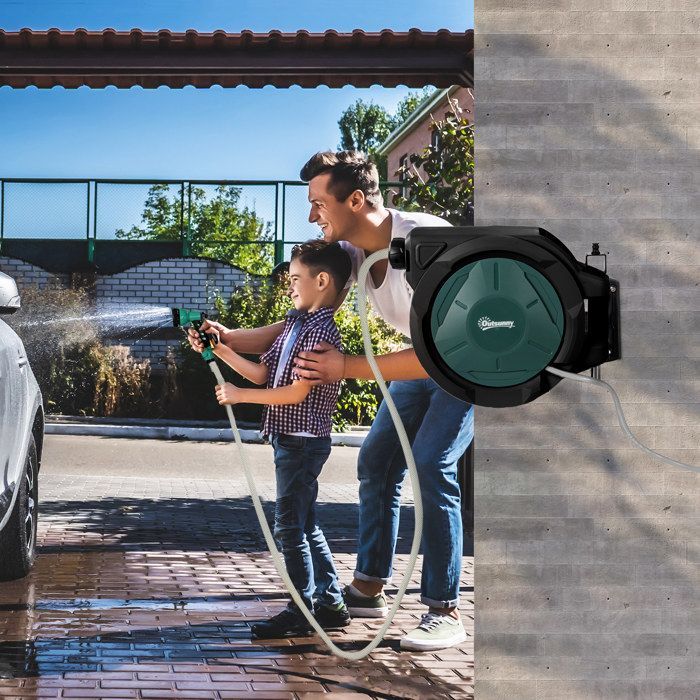 Wall-Mounted Hose Reel - Outsunny - 30m x 15mm Diameter - Automatic Retractable, 180° Swivel - 7-Mode Nozzle - Green