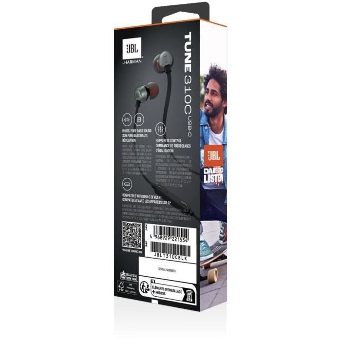 Auriculares con cable JBL Tune 310C - USB-C - Compatibles con audio de alta resolución - Negro