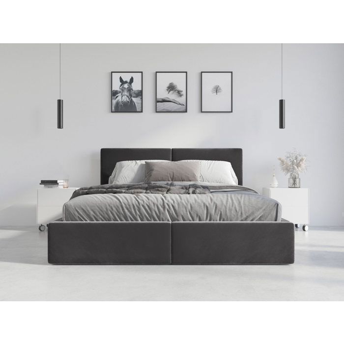Gestoffeerd tweepersoonsbed - Interbeds - Hilton - 120x200 - Opbergvak - Lattenbodem - Metalen frame - Hoofdbord - Grafietkleurige stof