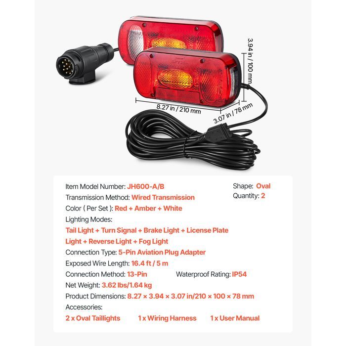Luces ovaladas para remolque, 2 unidades, 12 V - VEVOR - Luces traseras/de freno, etc. - Kit de iluminación impermeable para remolque con arnés de cableado