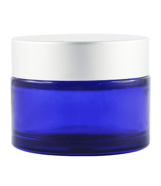 Blauw glazen potje van 50 ml met matzilveren deksel.