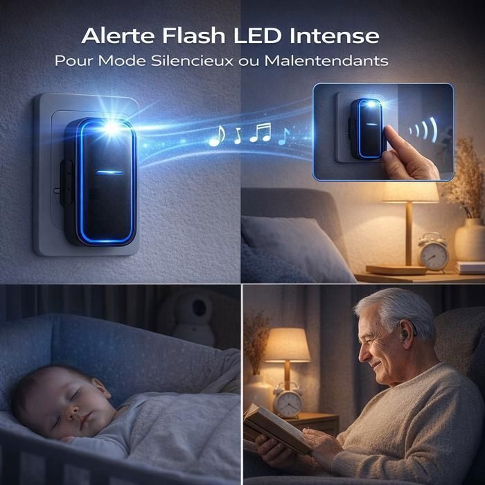 Timbre inalámbrico, 1 transmisor y 2 receptores enchufables, alcance de 300 m, 38 melodías, 4 niveles de volumen, luz LED intermitente, color negro.