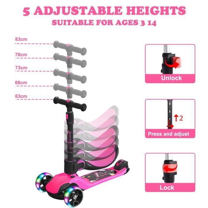 BremToy Trottinette Enfant 3 en 1 avec Siège Pliant, Trottinette 3 Roues à LED pour Enfant, Patinette Enfant réglable en Hauteur