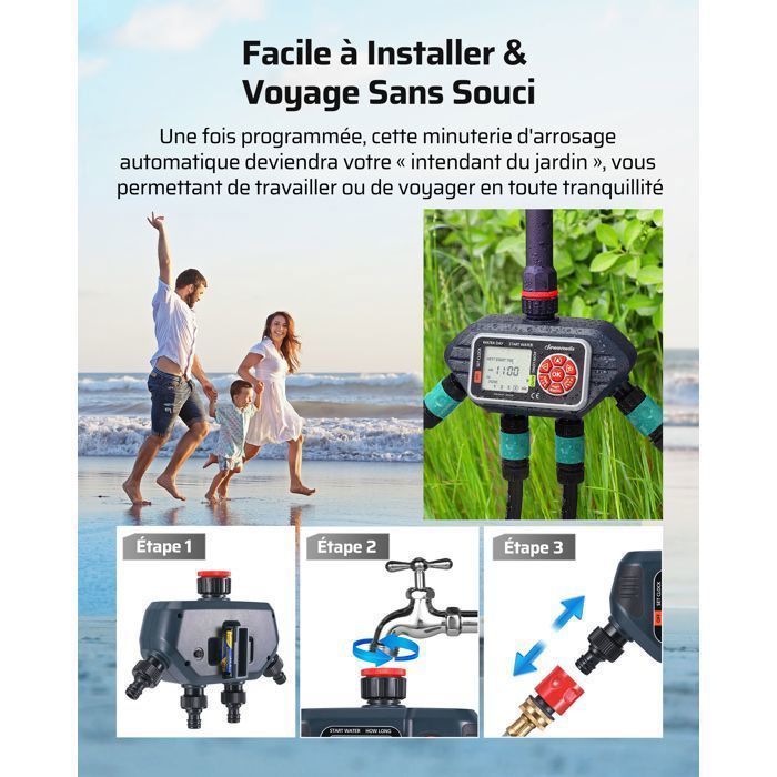 Controlador de riego exterior de 4 vías DEWENWILS - 4 programas por zona - Temporizador de riego automático para jardín - Resistente al agua