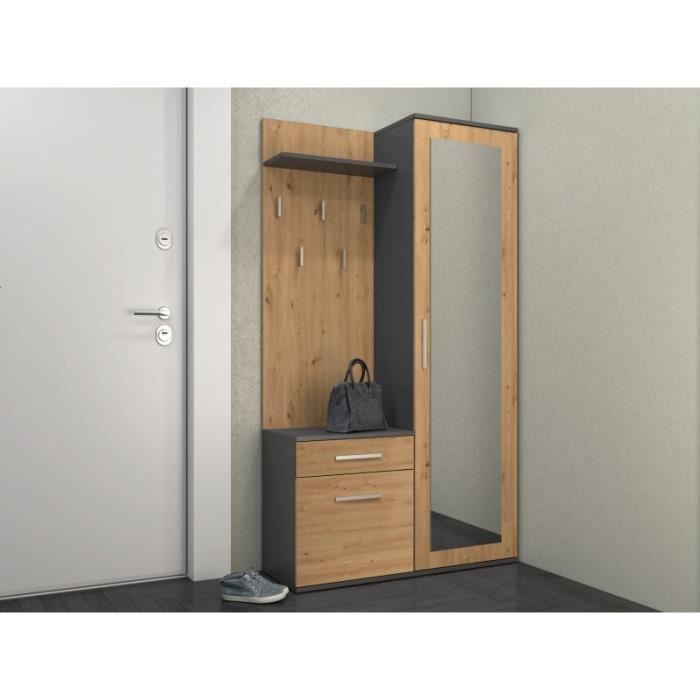 Meuble d’entrée - CDF - Armoire avec miroir - Gris mat - Design contemporain - 5 crochets