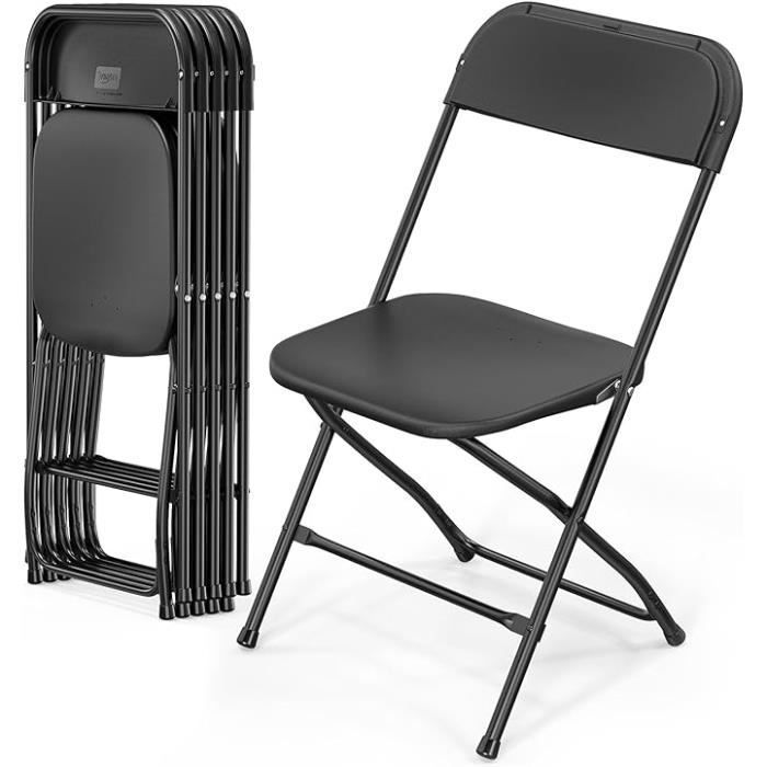 Juego de 6 sillas plegables de plástico negro, asientos comerciales portátiles y apilables para uso interior y exterior con estructura de acero.