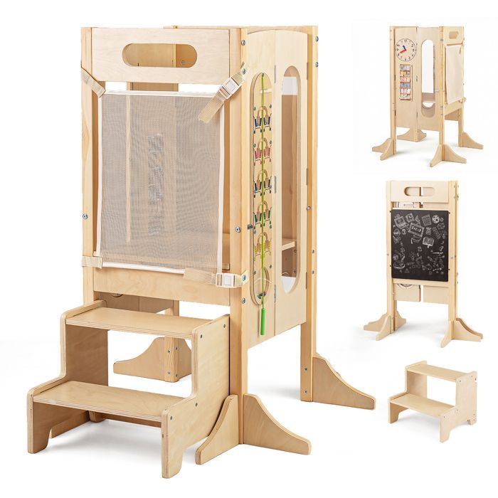 Torre de aprendizaje de madera COSTWAY para niños con escalones de 2 peldaños, pizarra y red de seguridad, para mayores de 3 años, color natural.