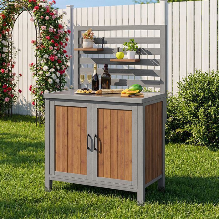 Meuble Rangement Jardin Outdoor Noir - Armoire Météo avec Plan Travail Inox, Grande Tiroir, Étagères Réglables, Anti-Basculement