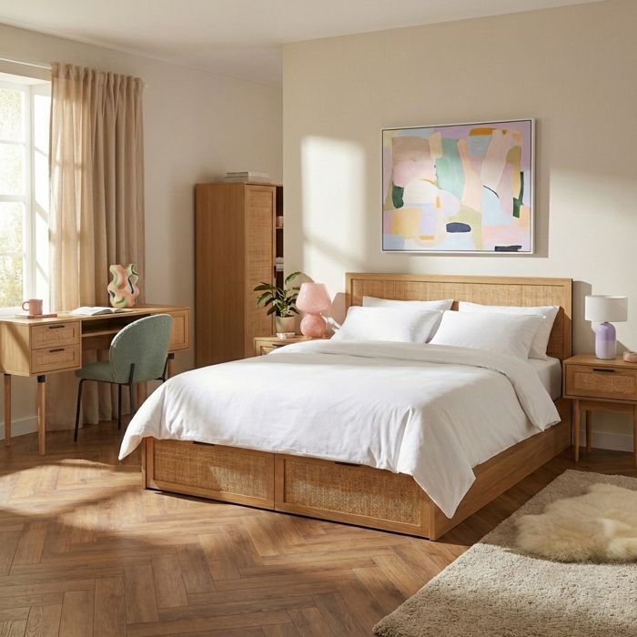 Cama AMANA con cajones, ratán, 140x190 cm, somier de láminas incluido - Madera