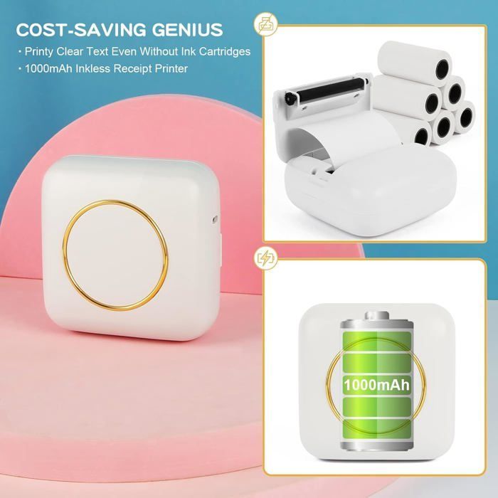 Mini draagbare fotoprinter, draadloze Bluetooth-thermische printer (inclusief 10 rollen printpapier)