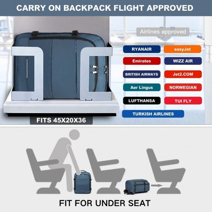 Kono Sac à Dos de Voyage 36x20x45cm Bagage à Main Approuvé comme Valise Cabine Sac pour Avion 30L Grande Capacité Homme