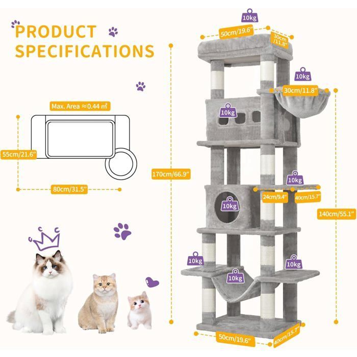 Árbol rascador grande para gatos de 170 cm, ideal para gatos grandes, con percha grande, alfombrilla lavable, 2 cuevas para gatos, 8 postes rascadores, color gris claro.