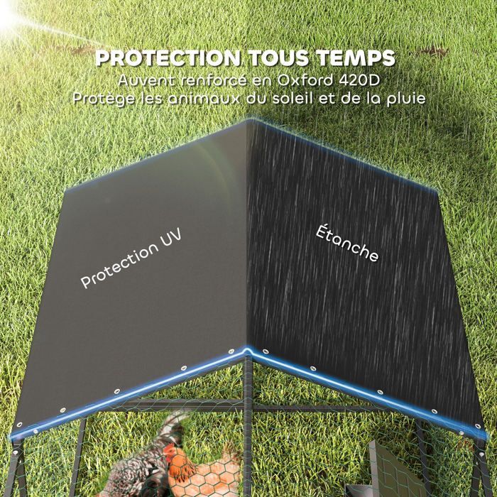 Enclos poulailler extérieur - PawHut - couverture imperméable, 2 portes latérales, pour 3-5 poules - acier - 3x1x1m - noir