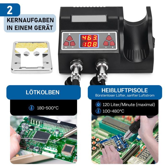 2-in-1 Soldering Station, Hot Air Soldering Iron, 700W, 100-480℃ Soldering Kit with Digital LED, 5 Tips, 3 Gun Nozzles
