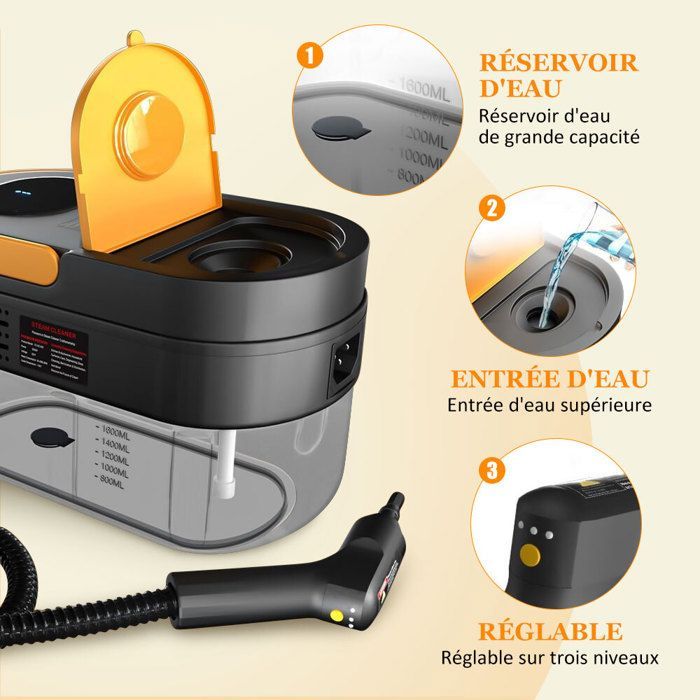 2500W Nettoyeur Vapeur à Main 1600ml - Chauffage de 15s - Haute Pression 3.0 Bar - Vaporisateur Portable avec 12 Accessoires