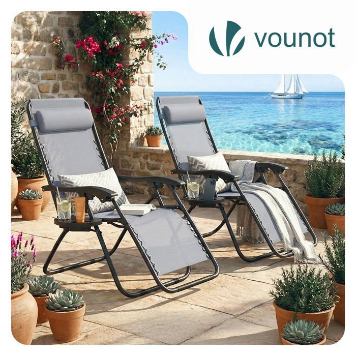 Juego de 2 sillones reclinables plegables VOUNOT® de textilene con portavasos - Carga máxima 120 kg - Gris