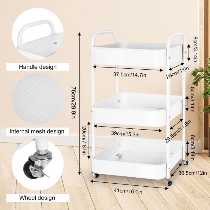 Carrito de almacenamiento - Blanco - 3 niveles - Ruedas - 41x30,5x76 cm - Armario de cocina