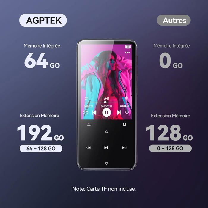 AGPTEK 64GB MP3-speler met Bluetooth 5.3, groot 2,4 inch scherm, HiFi-muziekspeler met aanraaktoetsen/FM-radio/recorder, zwart