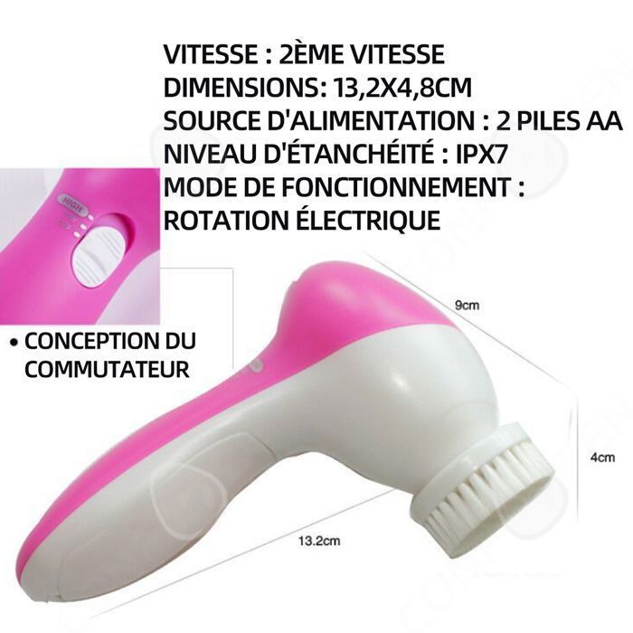 Brosse Nettoyante Visage PASSIONOVA 5 Têtes IPX7 Étanche 2 Vitesses Alimenté par deux piles AA 13,2 x 4,8 cm Soin Peau Profond