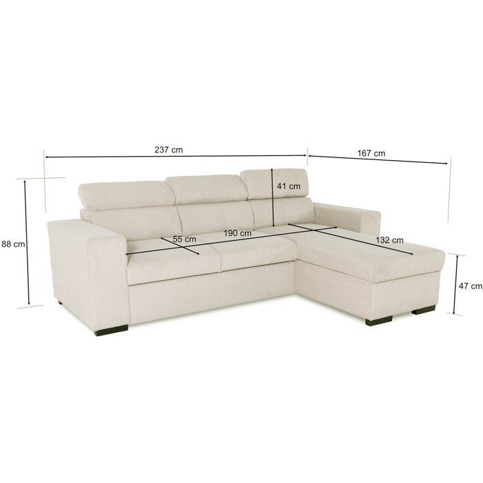 Canapé d'angle convertible réversible - 4 places - VICOMTE - Velours côtelé Beige - Coffre - 237 x 167 x 88 cm