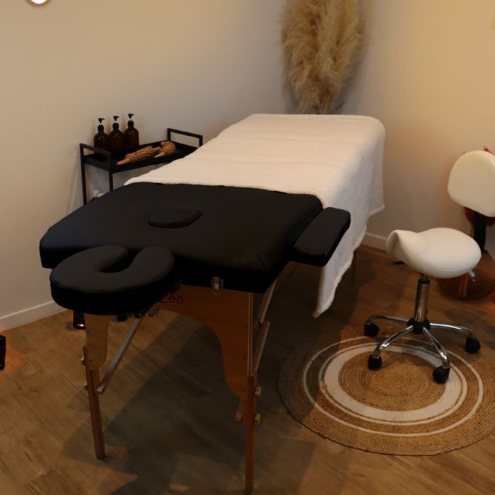 Folding 2-section wooden massage table with Reiki panel + Accessories and carrying case - Black - Vivezen
