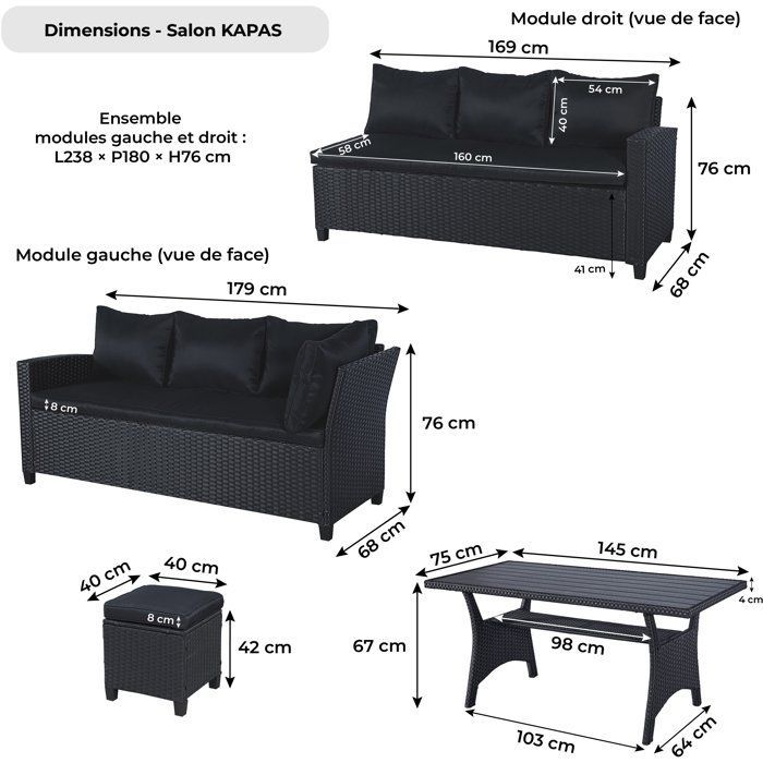 Conjunto de muebles de jardín - KAPAS - Estructura de acero y resina tejida - Negro - 7 personas