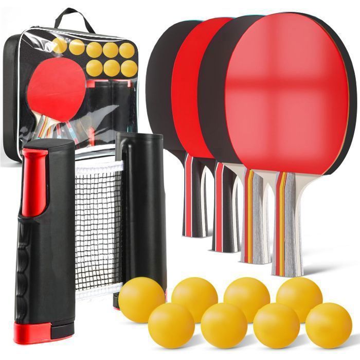 Juego de tenis de mesa, 4 palas de ping pong + 8 pelotas + red enrollable, juego de palas de ping pong