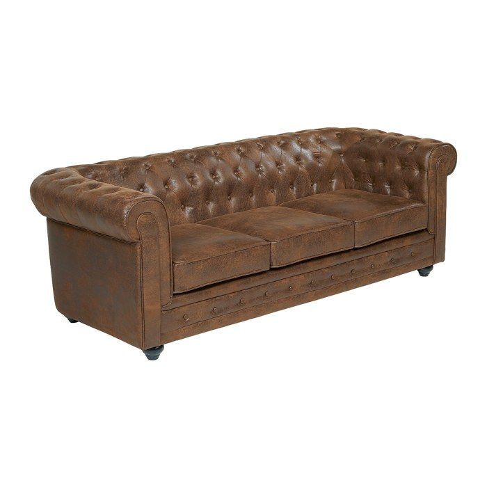 Canapé 3 places et 2 fauteuils CHESTERFIELD en microfibre aspect cuir vieilli