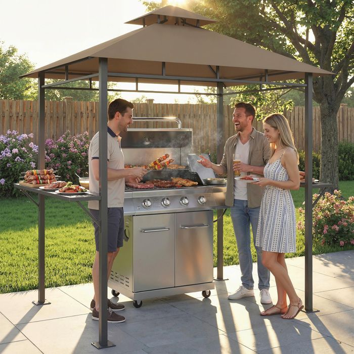 Gazebo da esterno per barbecue - Outsunny - Doppio tetto, 2 ripiani laterali - Struttura in metallo - 245x146x255 cm - Marrone
