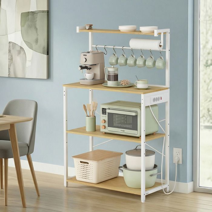Mobile contenitore da cucina con ripiano regolabile, 8 ganci, angolo caffè, 4 ripiani, bianco e rovere.