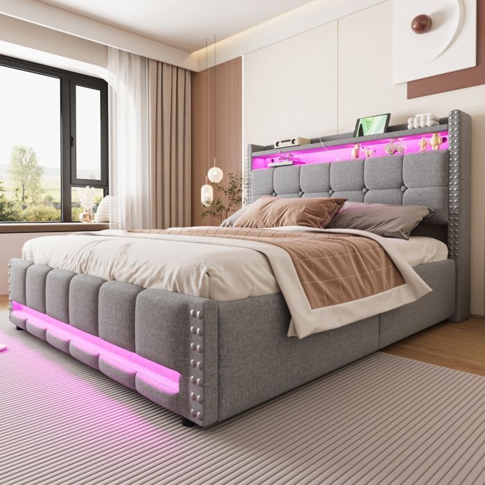 Cama con almacenamiento de 160 x 200 cm, cama de 160 x 200 cm con somier de láminas, cama doble tapizada, cama para 2 personas con somier de láminas de madera, ropa de cama gris claro