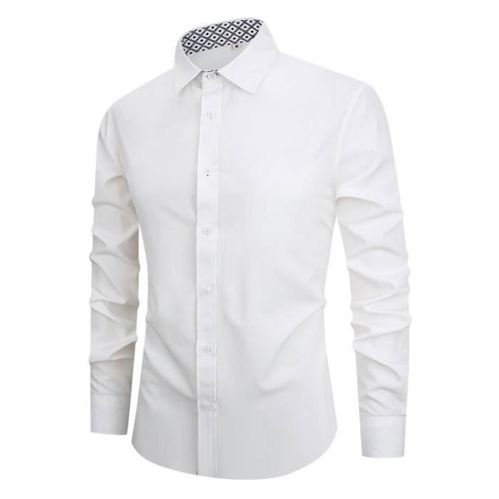 Men's Slim Fit Plus Size Long Sleeve Check Collar Shirt, Elegant Solid Color - EU Size - White