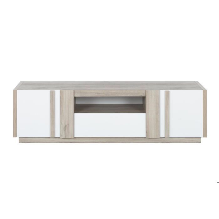 Mobile porta TV con finitura effetto legno rovere chiaro, 2 ante, 1 cassetto, bianco lucido.