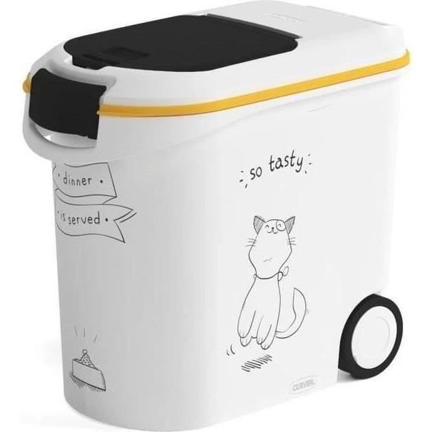 CURVER Conteneur à croquettes pour chat avec roulettes 12 kg - 35L - Le diner et servi